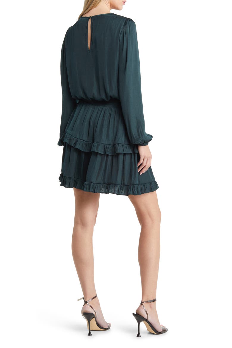 Smocked Tiered Long Sleeve Satin Dress, Alternate, color, SHADED SPRUCE