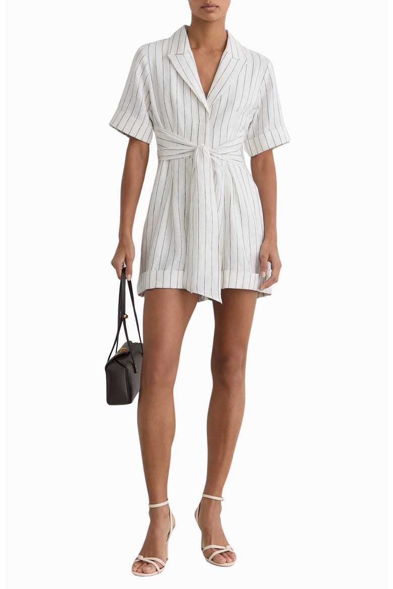 Estella Stripe Tie Waist Romper, Main, color, IVORY/ NAVY
