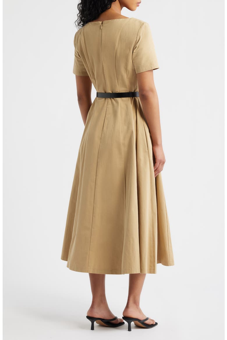 Belted Pleated Cotton Midi Dress, Alternate, color, BEIGE