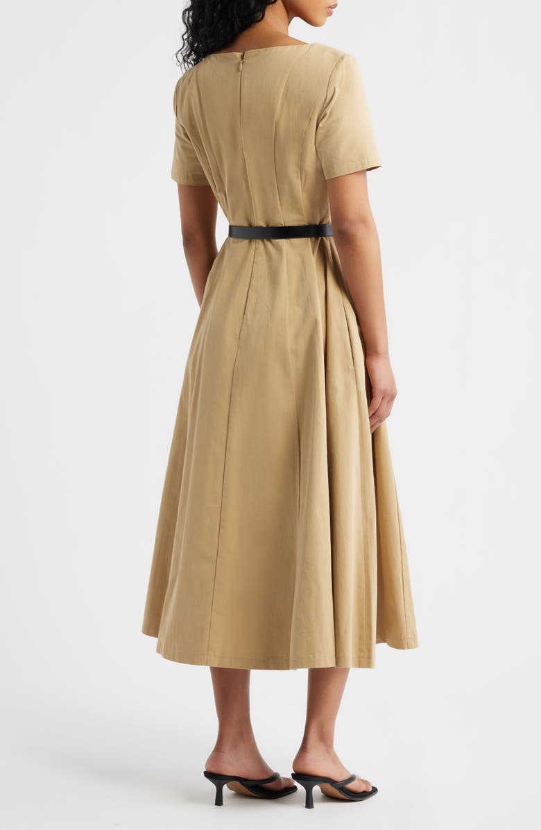 FREEMARKET Belted Pleated Cotton Midi Dress, Alternate, color, Beige