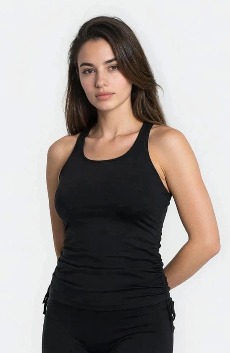 Calypsa Maya Tankini Swim Top With Built-in Bra and Black High Waisted Long Bike Swim Shorts Set, Alternate, color, Black