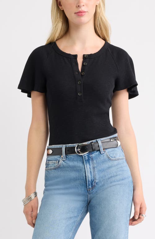 Treasure & Bond Flutter Sleeve Ribbed Henley In Black