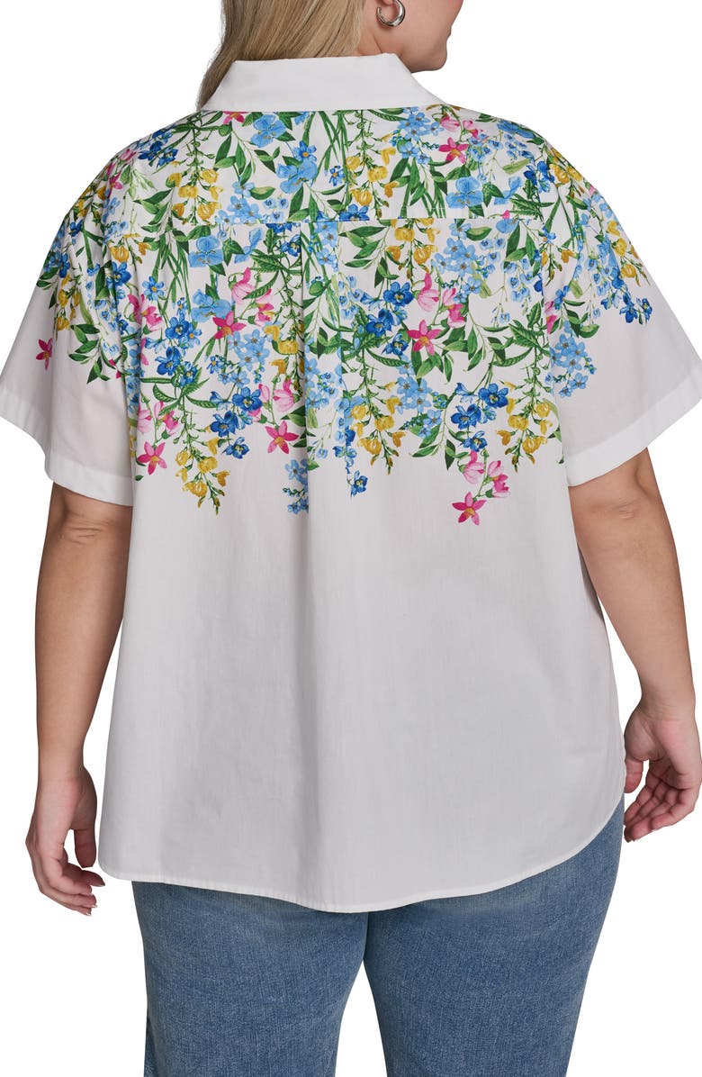 KARL LAGERFELD PARIS Placed Floral Short Sleeve Cotton Sateen Button-Up Shirt, Alternate, color, Soft White Combo