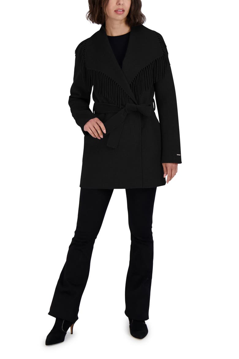 Frankie Fringe Collar Wool Blend Coat, Alternate, color, BLACK