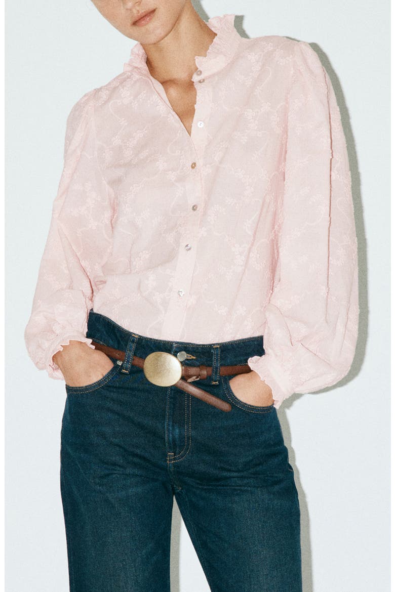Embroidered Puff Sleeve Cotton Shirt, Main, color, PINK