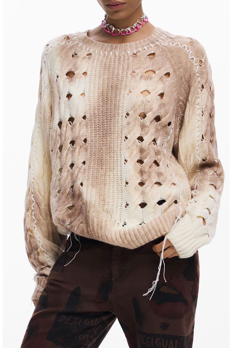Open Stitch Crewneck Sweater, Main, color, LIGHT BEIGE
