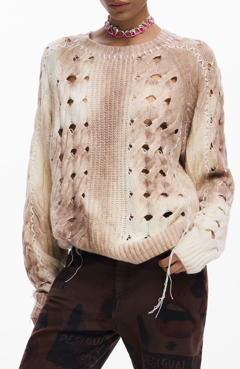 Desigual Open Stitch Crewneck Sweater, Main, color, Light Beige