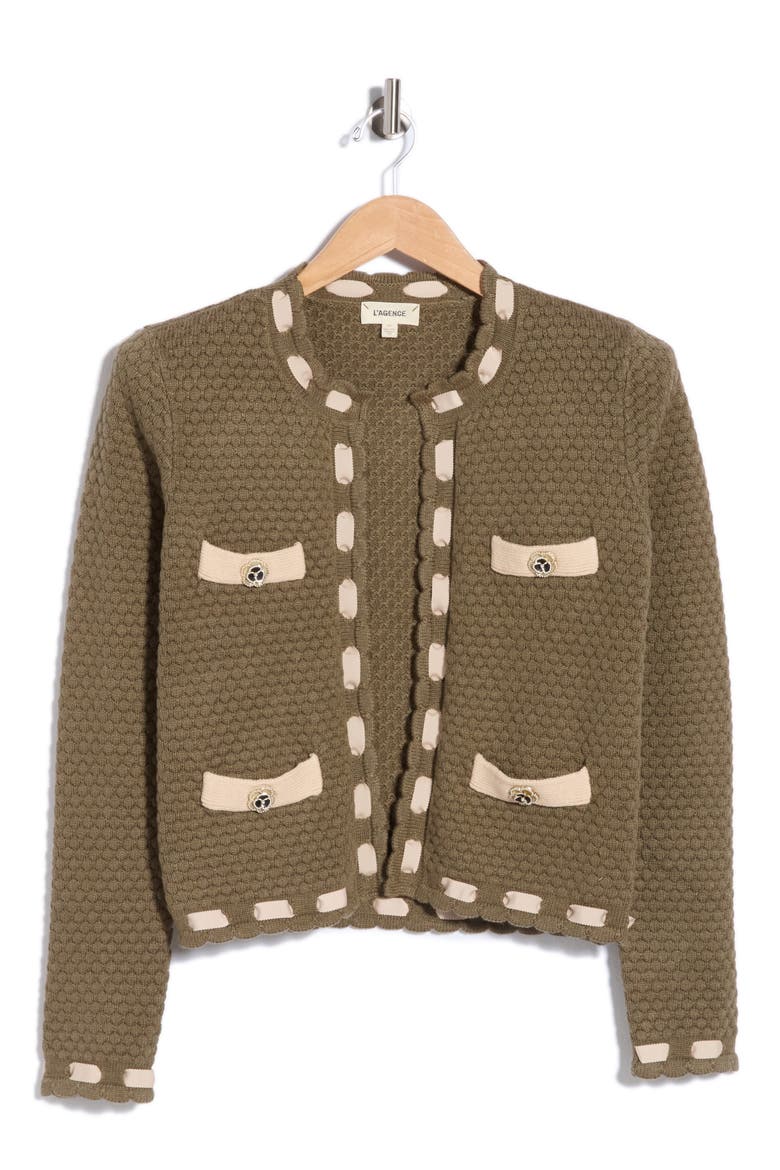 Astor Contrast Trim Cardigan, Alternate, color, ARMY/BISCUIT