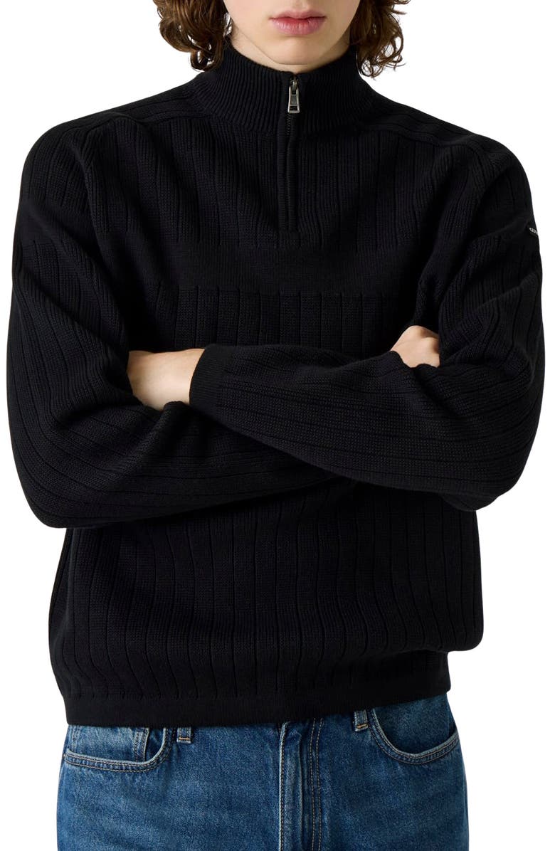 GUESS JEANS Cotton Rib Half Zip Sweater, Main, color, Black