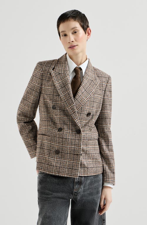 Brunello Cucinelli Alpaca And Wool Prince Of Wales Blazer With Monili In Brown