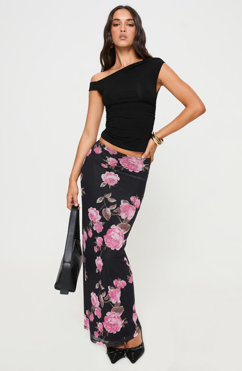Princess Polly Modalla Floral Print Mesh Maxi Skirt, Alternate, color, Black