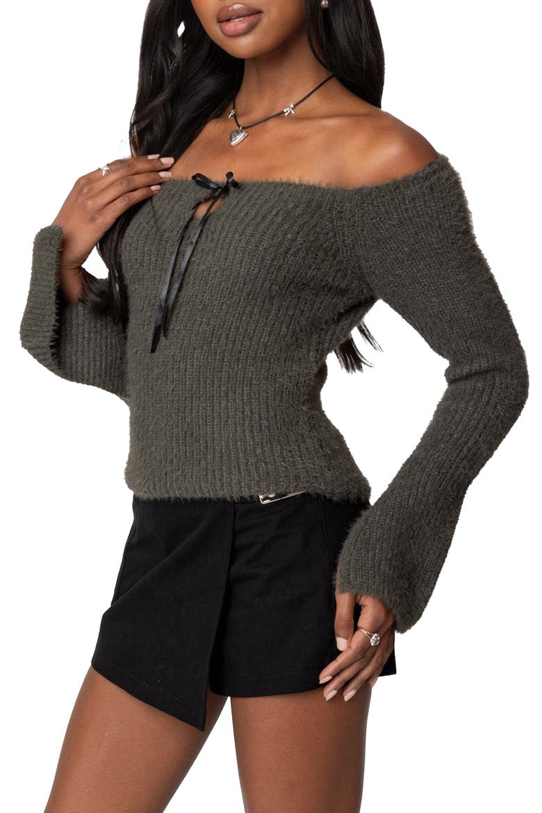 Off the Shoulder Long Sleeve Knit Shirt, Alternate, color, GRAY