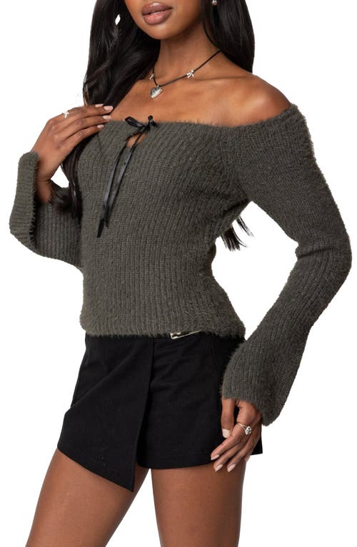 Edikted Off The Shoulder Long Sleeve Knit Shirt In Gray