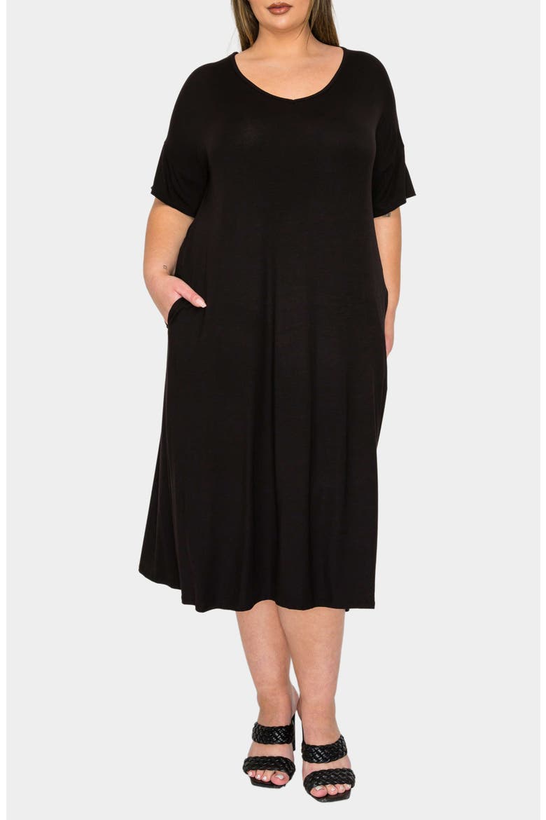 Olivia Short Sleeve Midi Dress, Alternate, color, BLACK