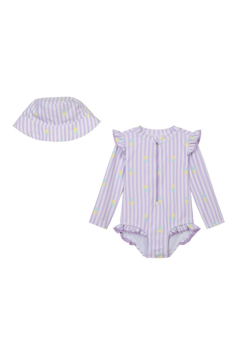 Ruffled Long Sleeve One-Piece Rashguard Swimsuit & Hat Set, Main, color, PURPLE