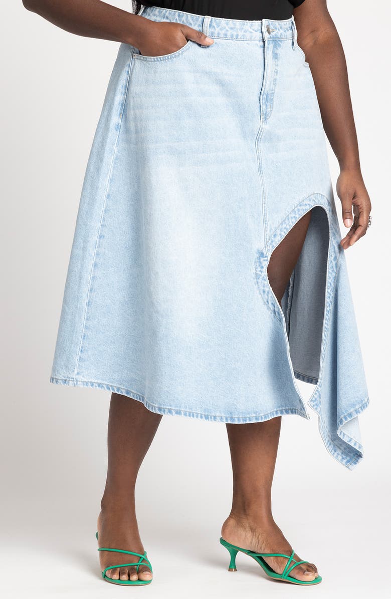 ELOQUII Cutout Handkerchief Hem Denim Skirt, Alternate, color, 