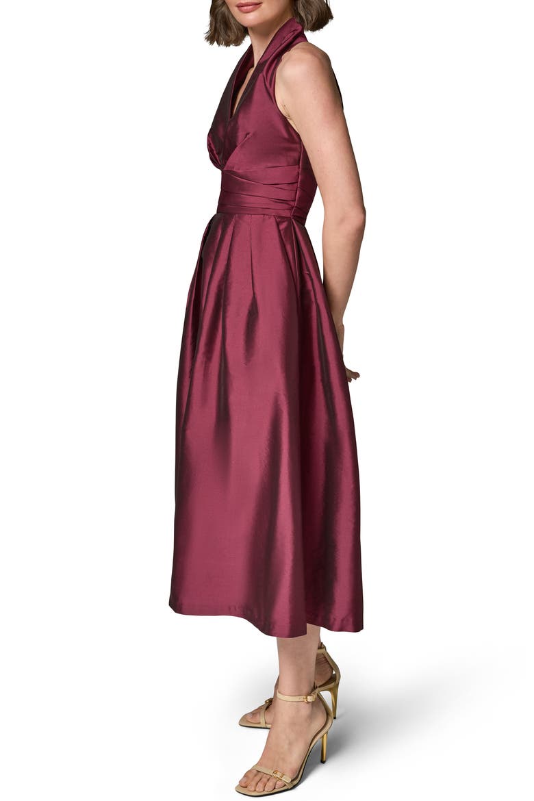 Plunge Neck Taffeta Midi Dress, Alternate, color, BERRY
