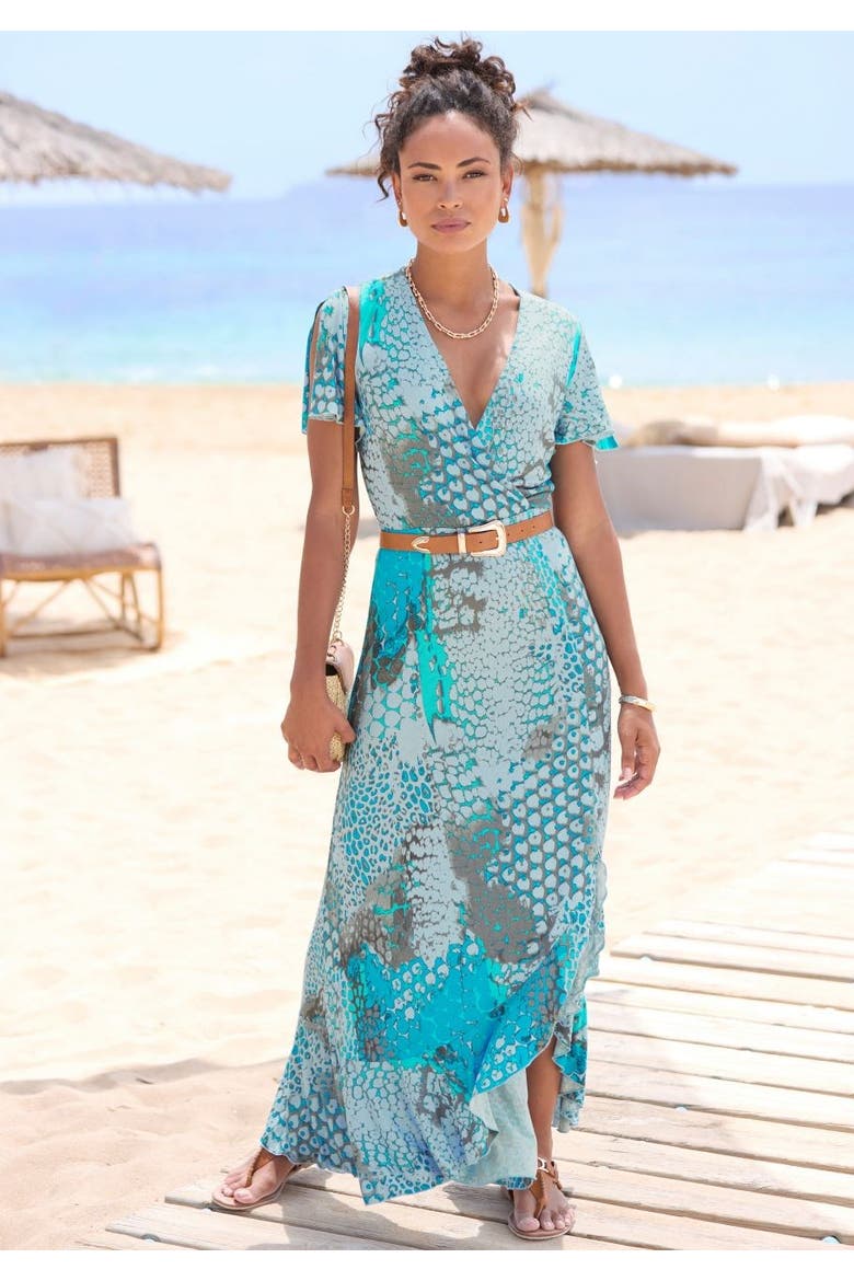Printed Side Slit Maxi Dress, Alternate, color, Blue Multi