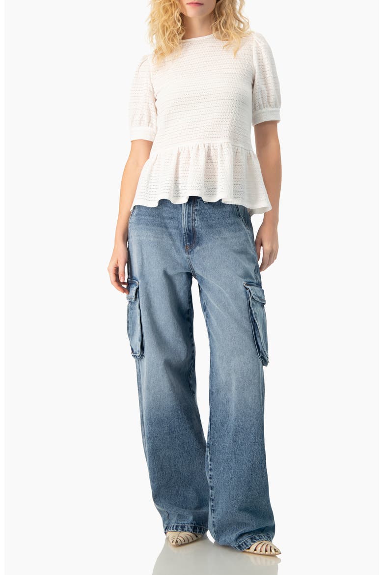 Tonal Stripe Textured See-Through Peplum Short-Sleeve Blouse, Alternate, color, White