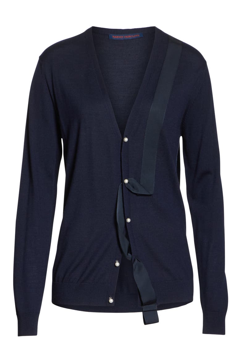 Ribbon Detail Wool Cardigan, Alternate, color, NAVY