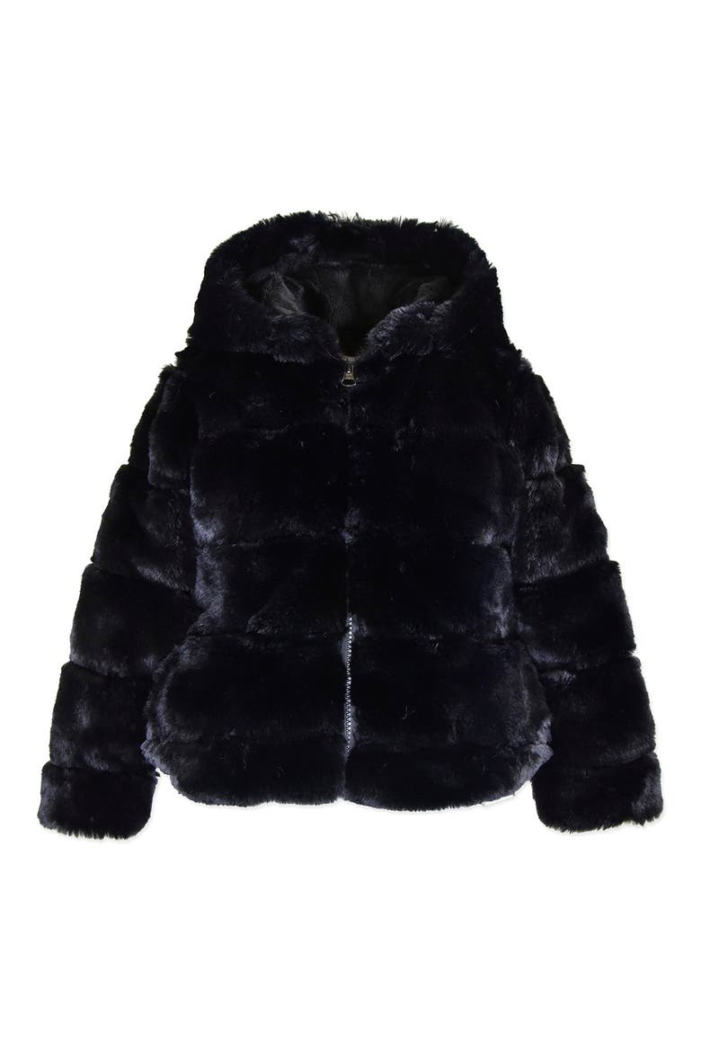Faux Fur Hooded Zip Front Cozy Jacket, Main, color, BLACK LAYER CAKE