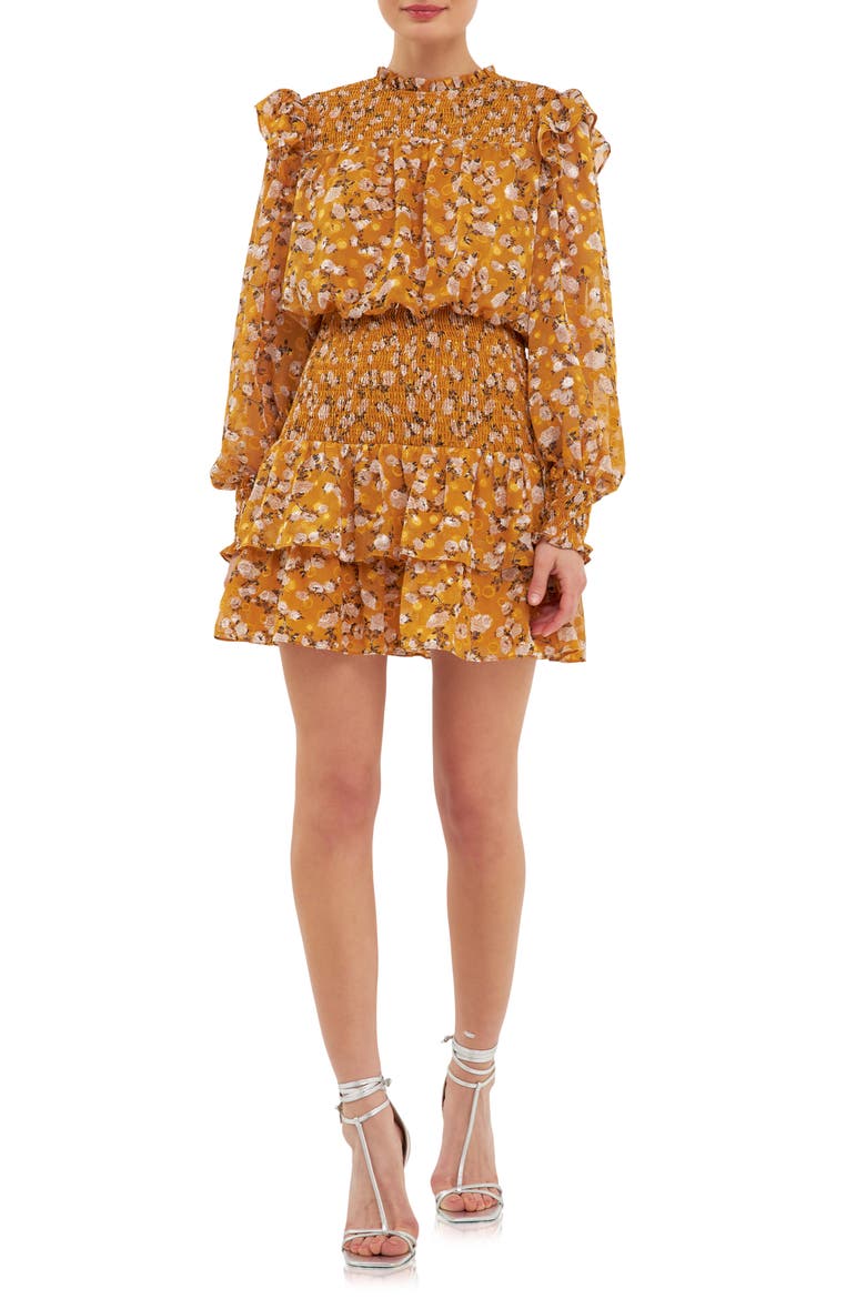 Floral Print Shirred Long Sleeve Chiffon Minidress, Main, color, MUSTARD