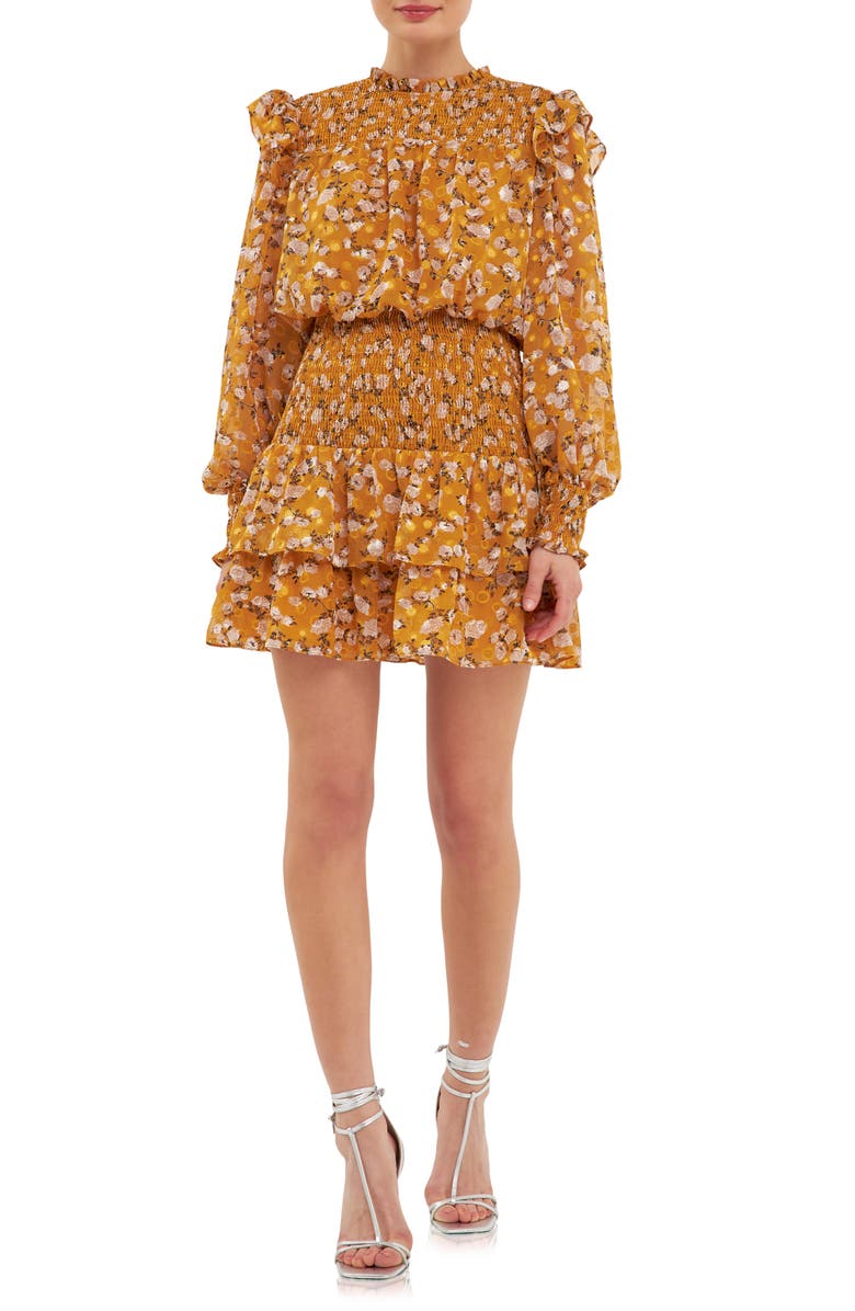 Endless Rose Floral Print Shirred Long Sleeve Chiffon Minidress, Main, color, Mustard