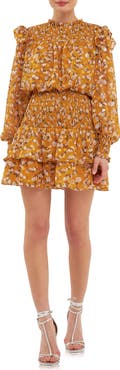 Endless Rose Floral Print Shirred Long Sleeve Chiffon Minidress