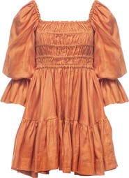Vasiliki Amelia Ruched Mini Linen Dress in Rust Orange