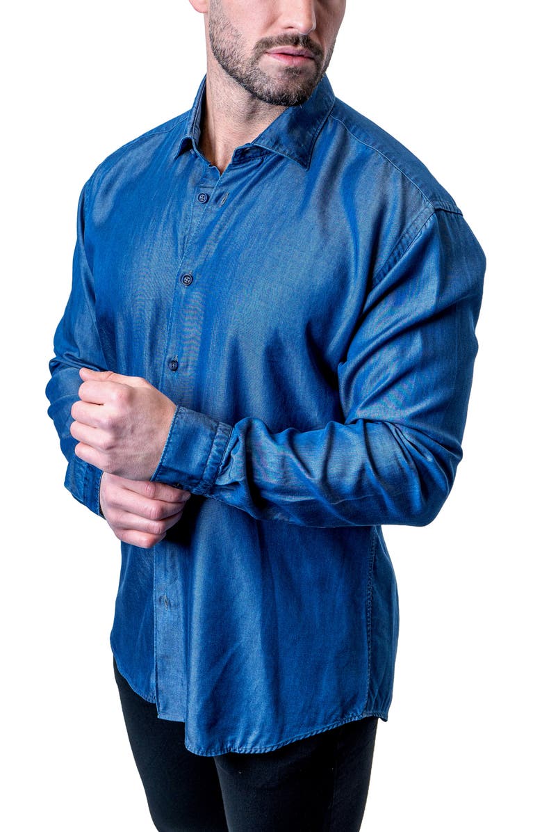 Maceoo Fibonacci Shiny Denim Blue Button-Up Shirt, Alternate, color, Blue