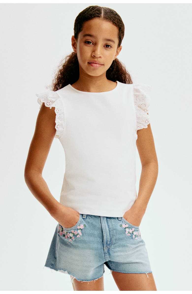 H&M Embroidery-detail Denim Shorts, Main, color, Light Denim Blue/Flowers