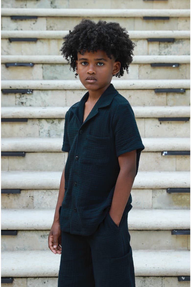 Organic Cotton Camp Collar Waffle Shirt, Alternate, color, Black