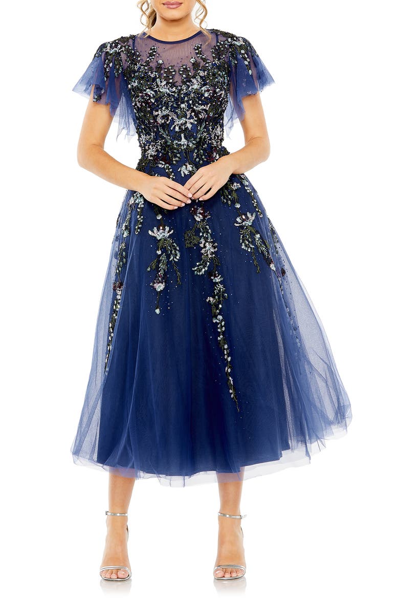 Embellished Flutter Sleeve Midi Cocktail Dress, Main, color, MIDNIGHT