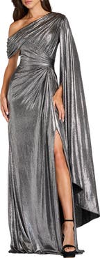 Tadashi Shoji Metallic Drape Side Twist Gown