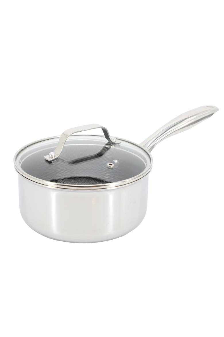 Modessa 2.5 Quart Nonstick Triply Stainless Steel Saucepan and Lid with Honeycomb Design, Main, color, Metallic Silver