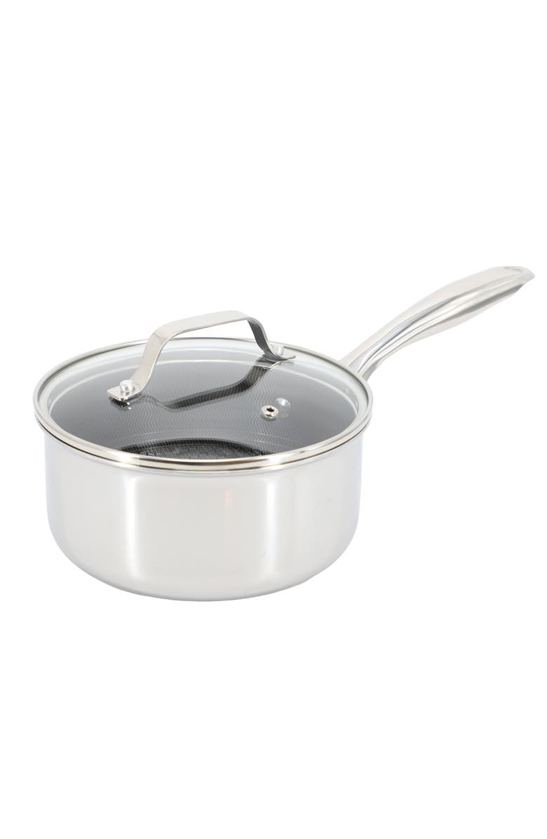 OSTER Modessa 2.5 Quart Nonstick Triply Stainless Steel Saucepan and Lid with Honeycomb Design, Main, color, Metallic Silver