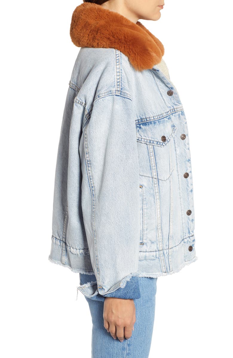 Levi's<sup>®</sup> Oversize Faux Shearling Lined Denim Trucker Jacket with Removable Faux Fur Collar, Alternate, color, 