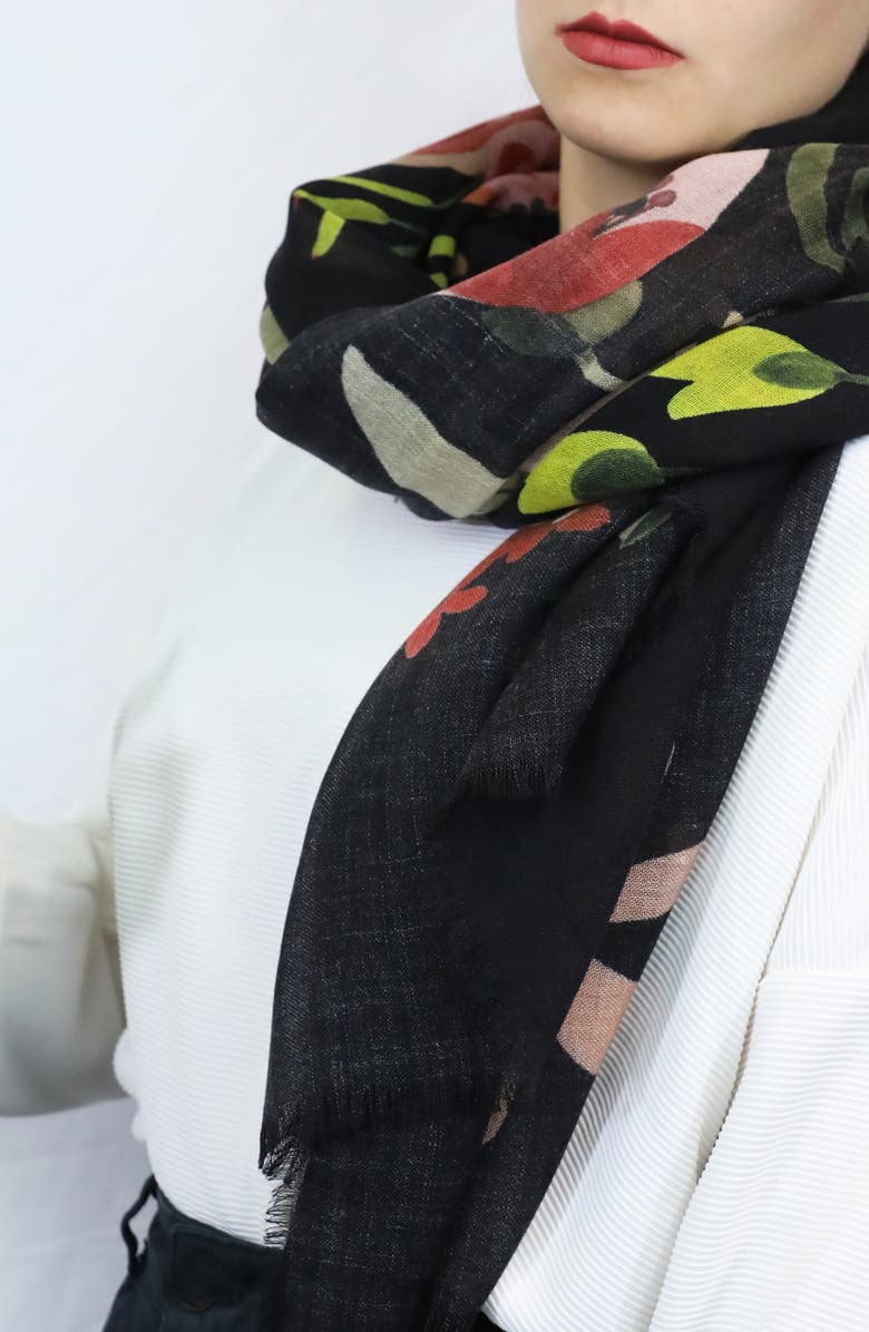 Nicoletta Rosi Floral Print Wool Fringe Scarf, Alternate, color,