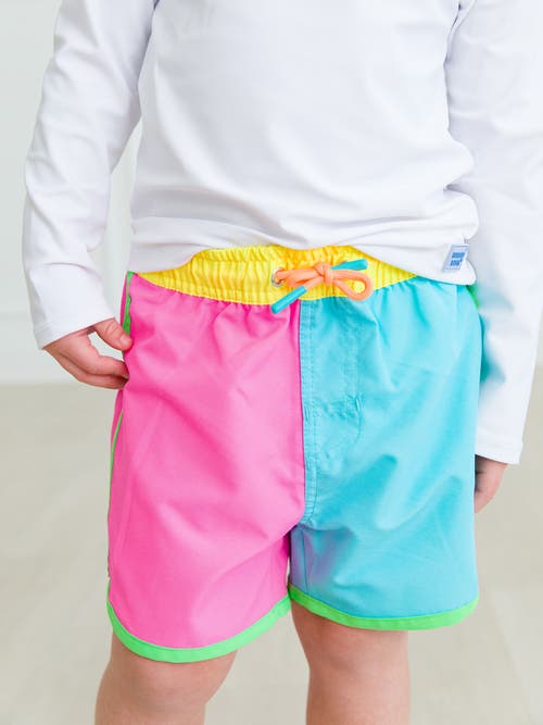 Ruggedbutts Boys Upf50+ Sun Protected Dolphin Hem Swim Trunks In Neon Color Block