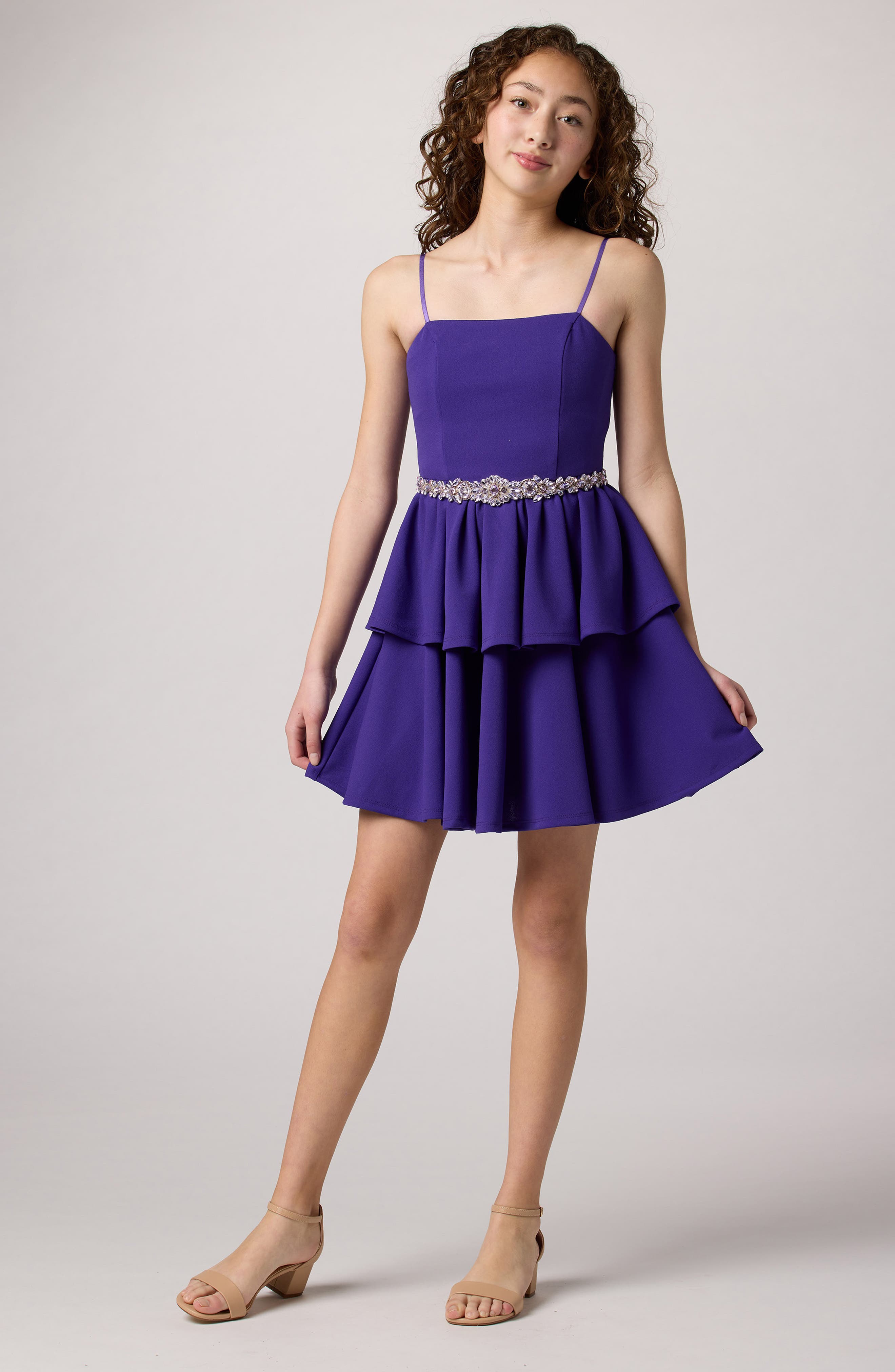 Un Deux Trois Kids' Tiered Embellished Crepe Dress in Purple 