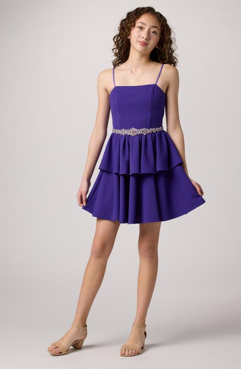 Tiered Dress with Rhinestone Belt