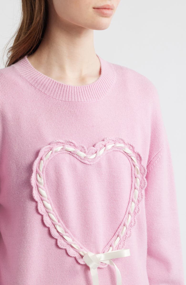 LoveShackFancy Juna Heart Bow Wool & Cashmere Sweater, Alternate, color, Gumball