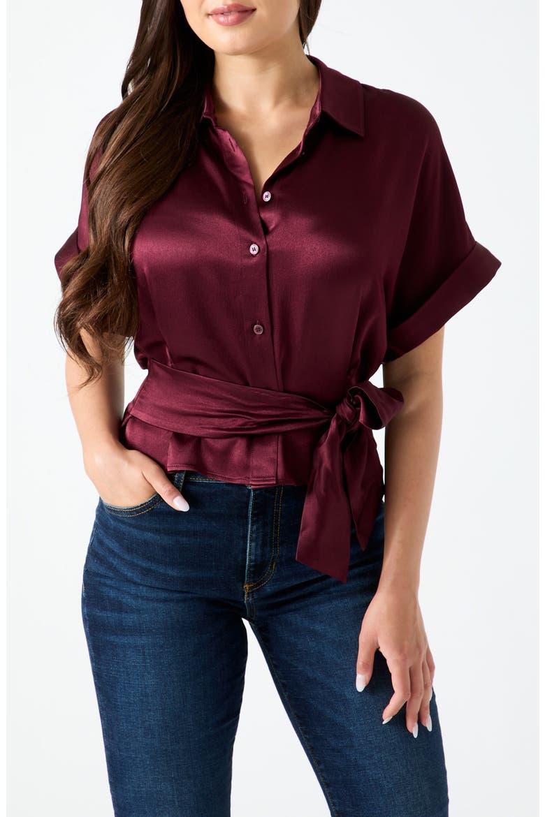 Julie Satin Tie Front Shirt, Main, color, BURGUNDY