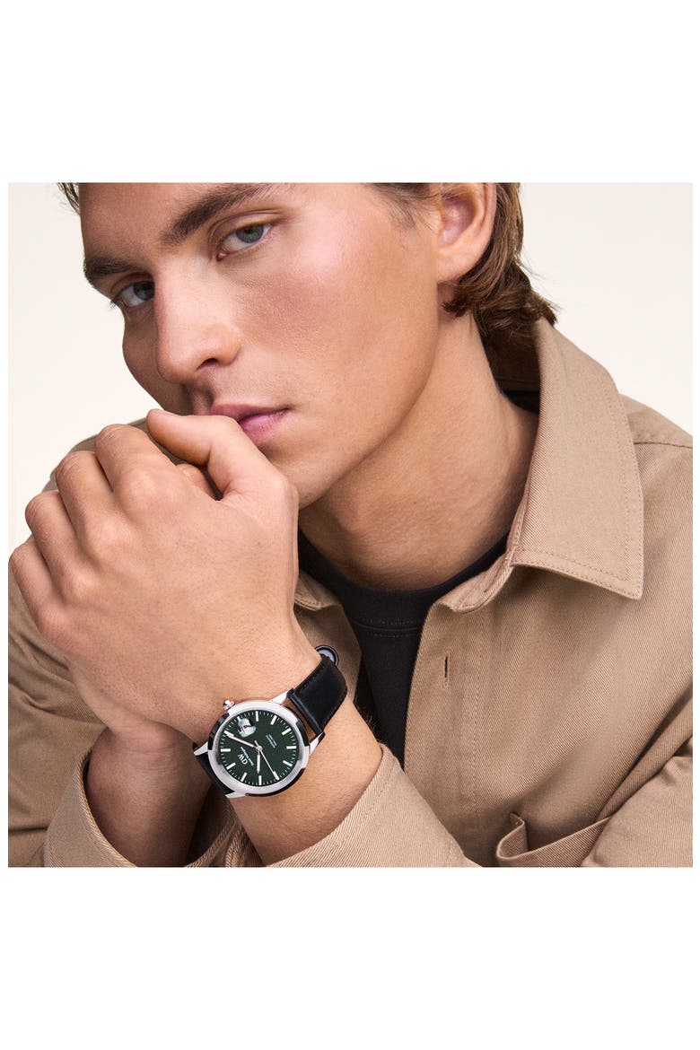 Iconic Automatic Leather Strap Watch, 40mm, Alternate, color, SILVER