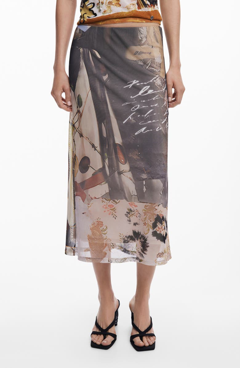 Desigual Print Midi Skirt, Main, color, Anthracite Gray