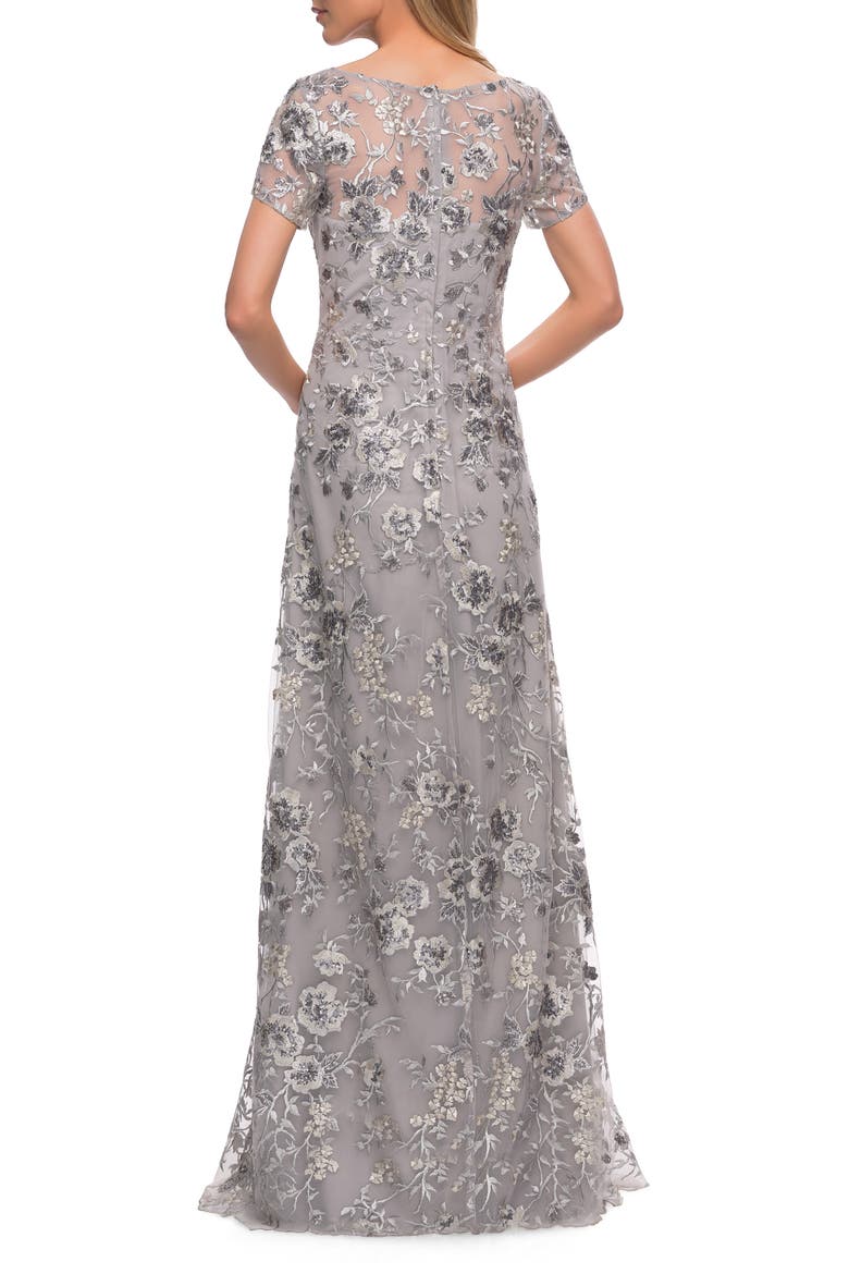 Metallic Embroidered Lace Evening Gown, Alternate, color, SILVER