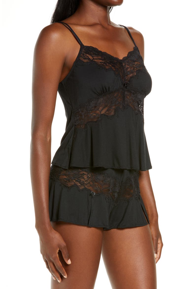 Lace Trim Short Pajamas, Alternate, color, BLACK