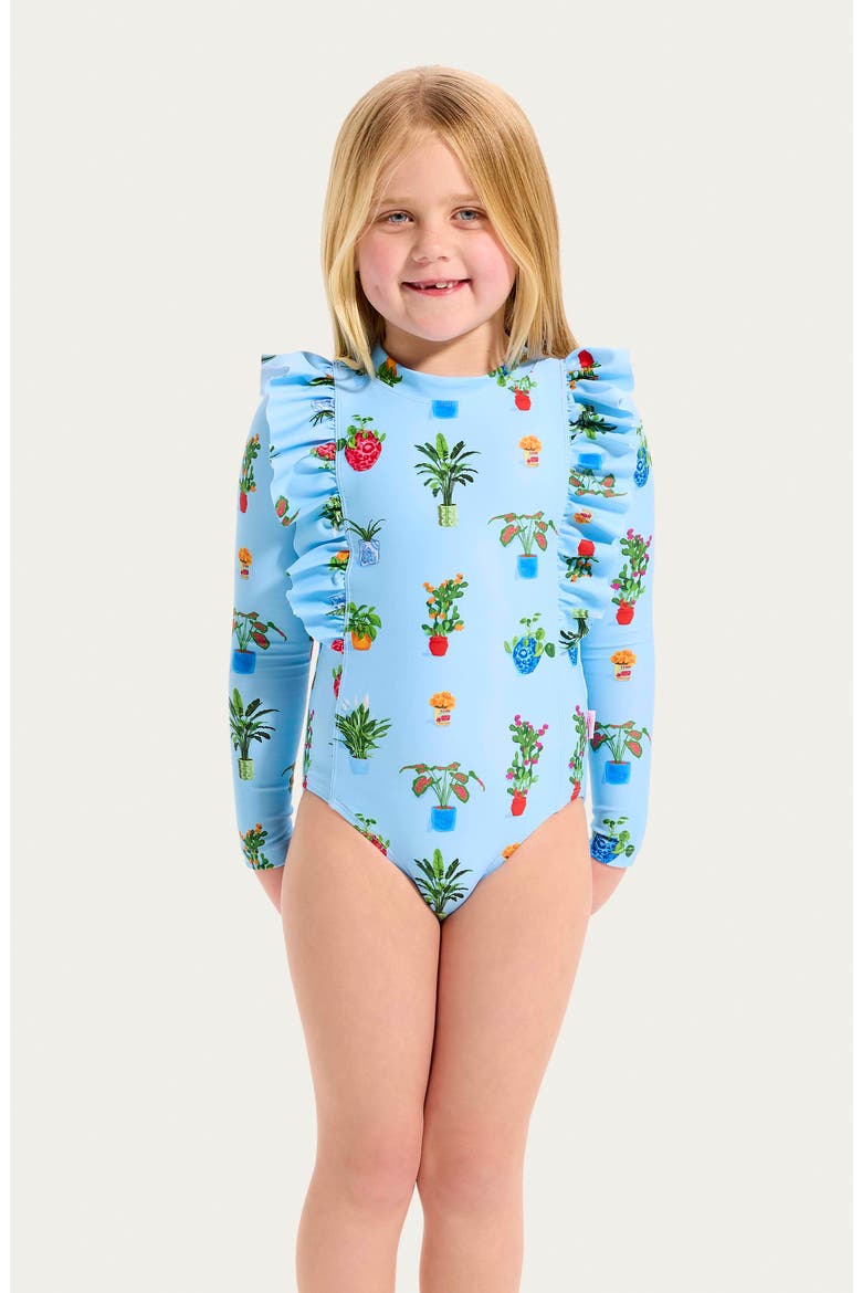 Kids' Playa Bonita Ruffle Long Sleeve UPF 50+ One-Piece Rashguard Swimsuit, Alternate, color, PLAYA BONITA