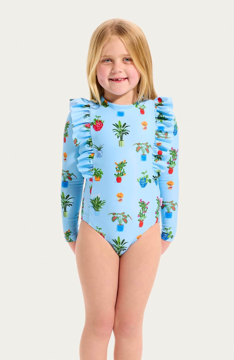 Seafolly Kids' Playa Bonita Ruffle Long Sleeve UPF 50+ One-Piece Rashguard Swimsuit, Alternate, color, 