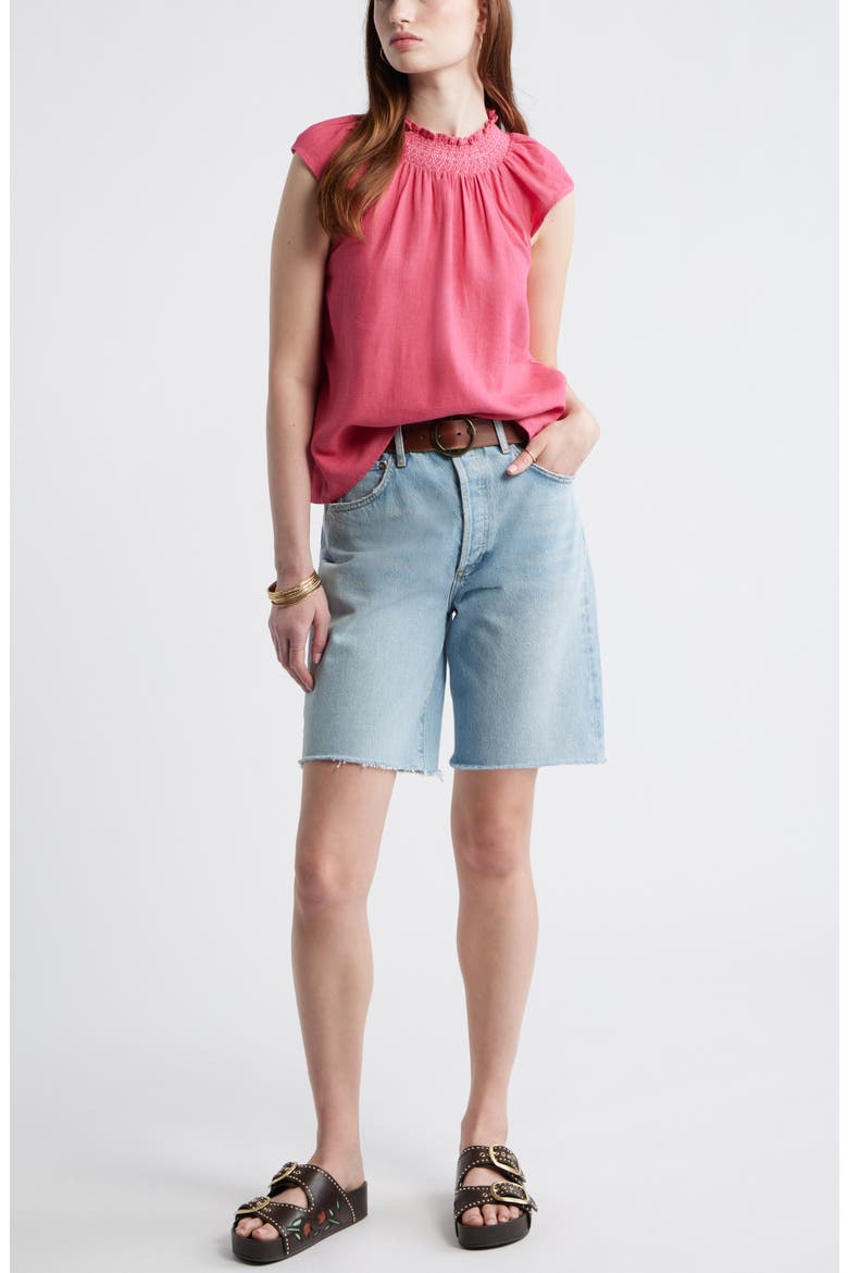 Smocked Neck Linen Blend Top, Alternate, color, PINK CARMINE